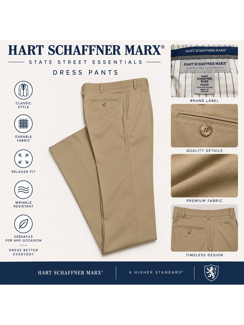 Hart Schaffner Marx State Street Essentials Beige Dress Pants 40x29 Polyester